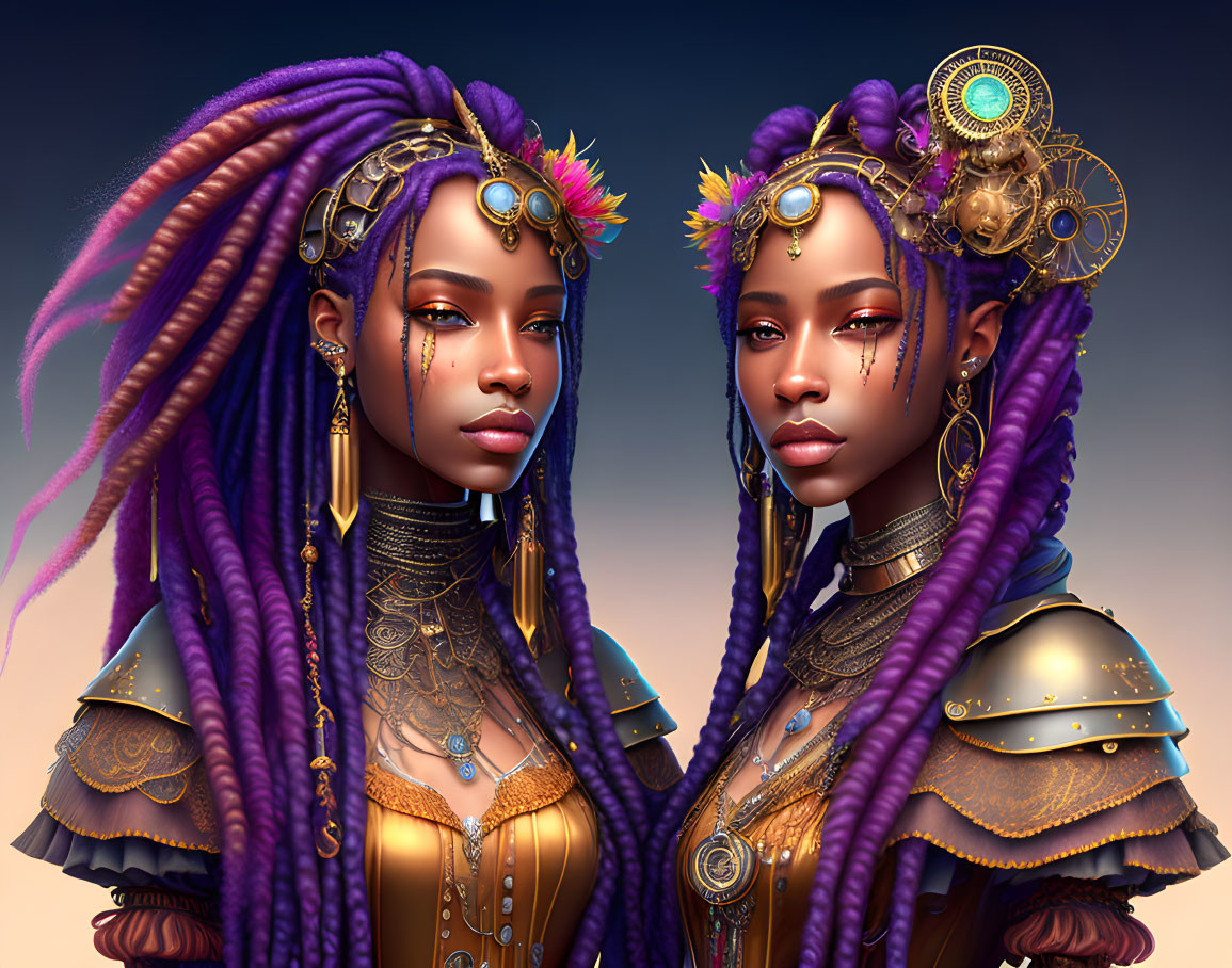 Twin women digital artwork: intricate purple braids, gold jewelry, soft-toned backdrop