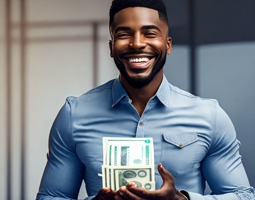 Smiling man in blue shirt holding stack of dollar bills