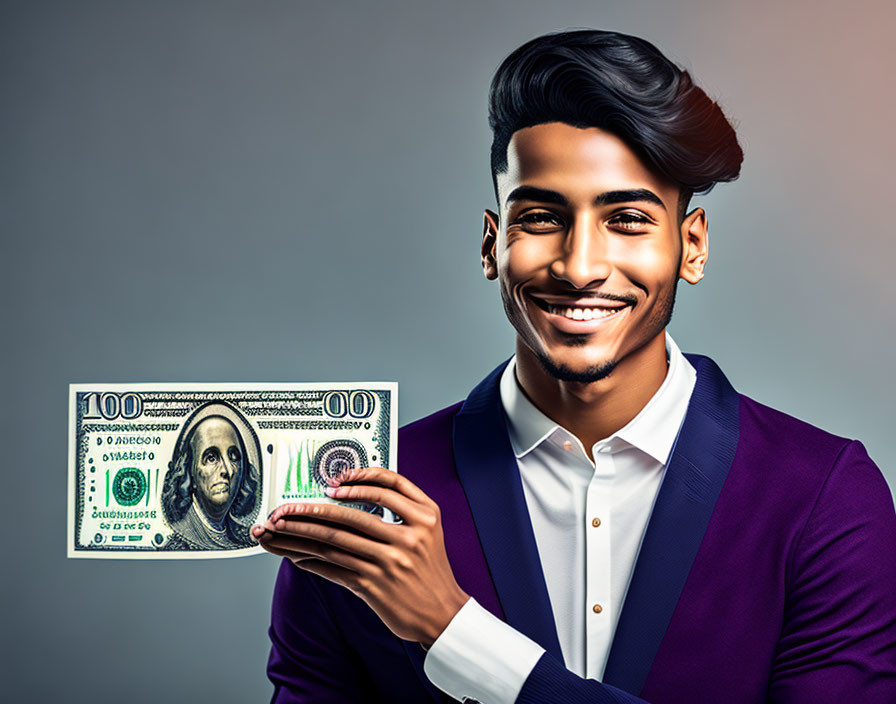 Smiling man holding a visible Benjamin Franklin hundred-dollar bill