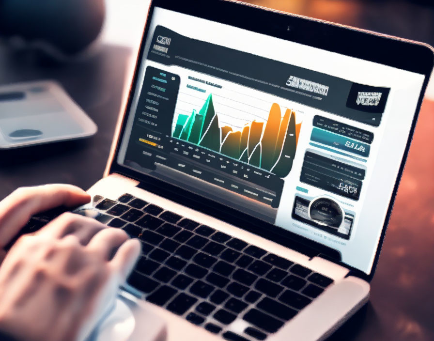 Financial data analysis on laptop screen with colorful graphs in warm light.