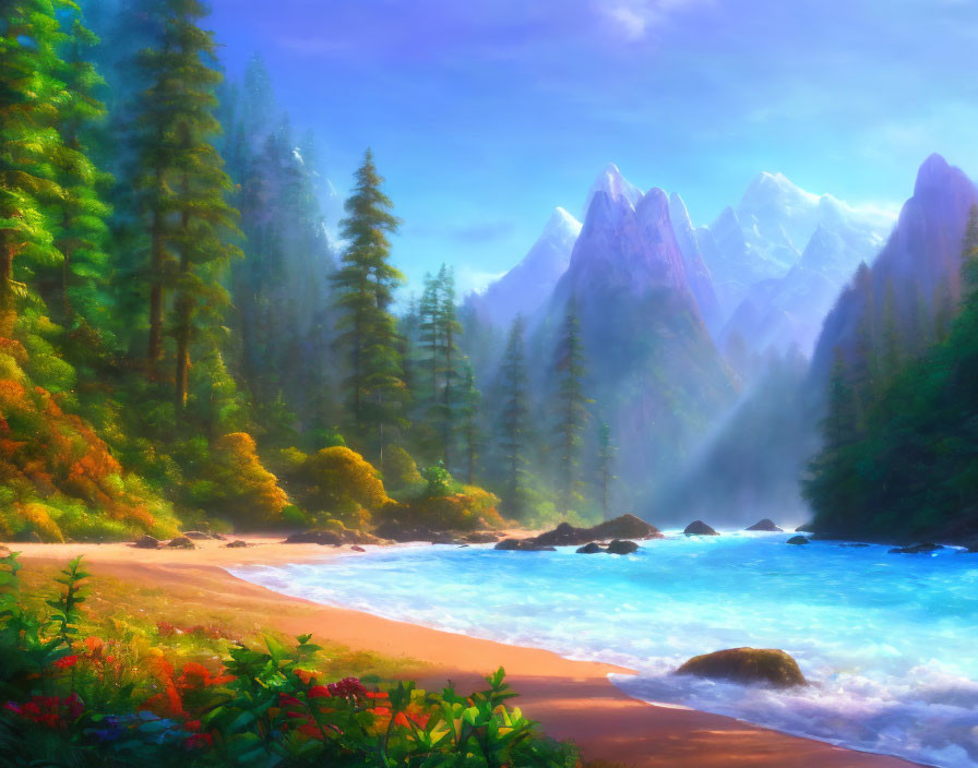 Scenic landscape with pine trees, river, mountains, and colorful flora