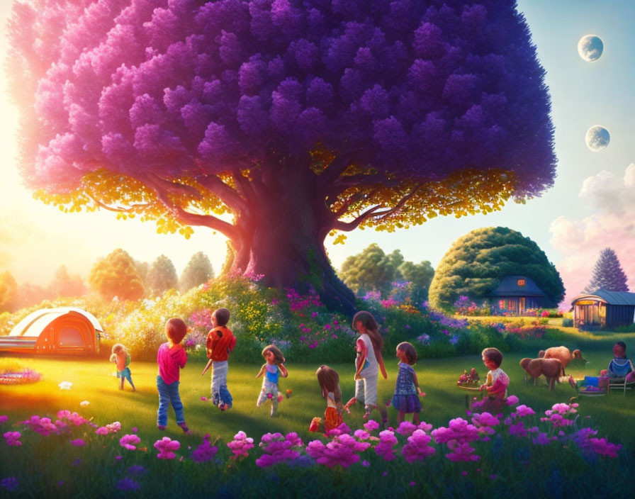 Vibrant purple tree in magical meadow with children and animals playing