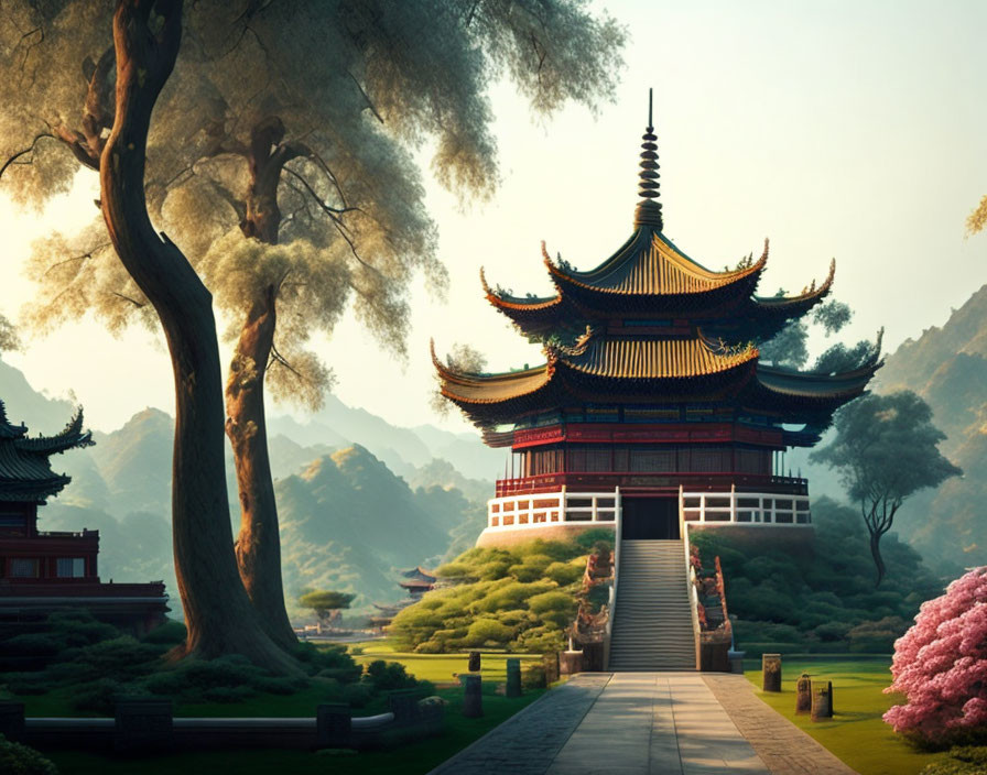 Traditional Asian temple nestled in lush greenery with tiered roof and mountains.