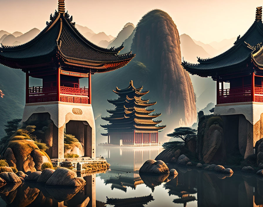 Asian Architecture: Pagodas, Arched Bridges, Lake, Mountains