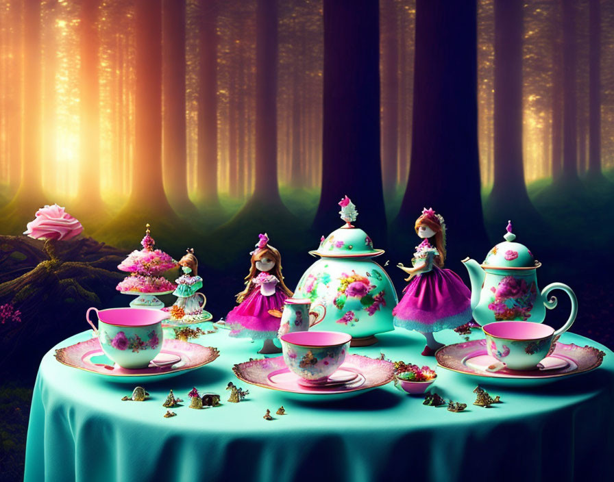 Floral-patterned whimsical tea set in forest setting