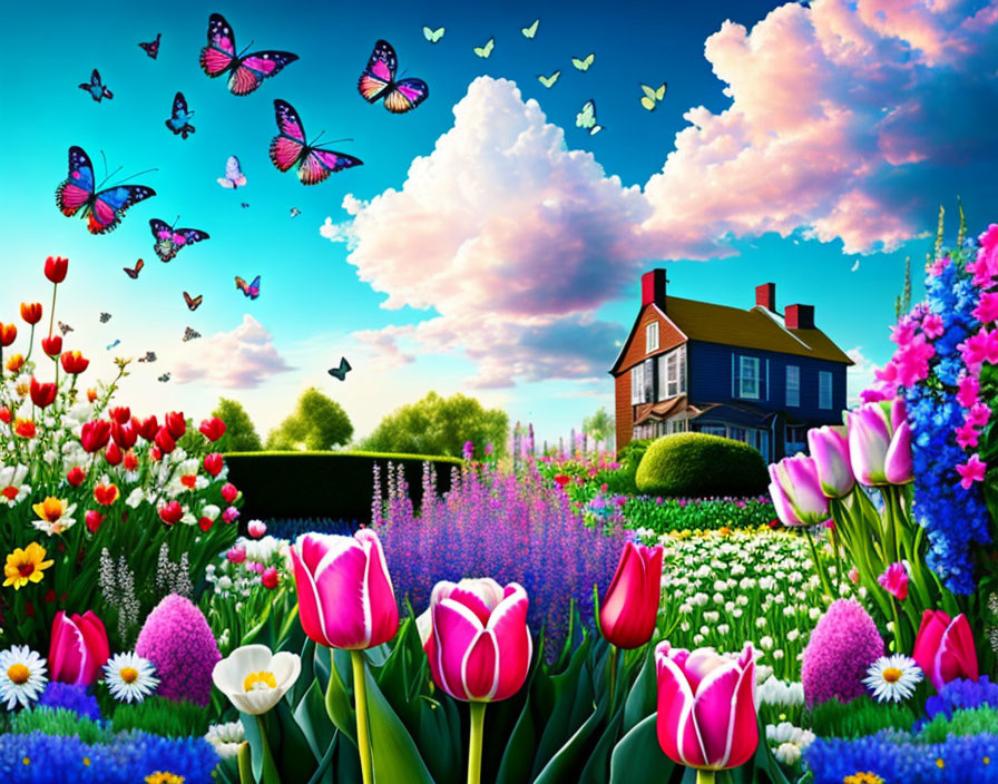 Colorful Flower Garden with Butterflies and Blue House in Pink Cloud Sky