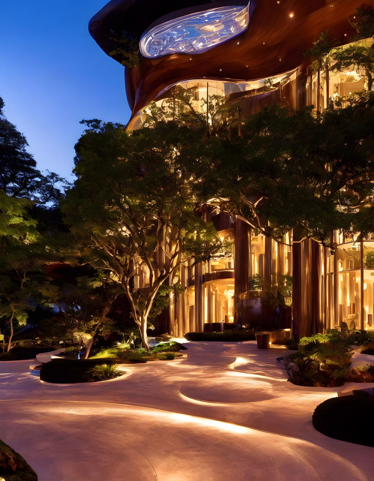 Modern Curved Building Illuminated at Twilight in Tranquil Garden Setting