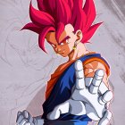 Spiky Red-Haired Animated Character in Battle Stance with Blue and Orange Outfit