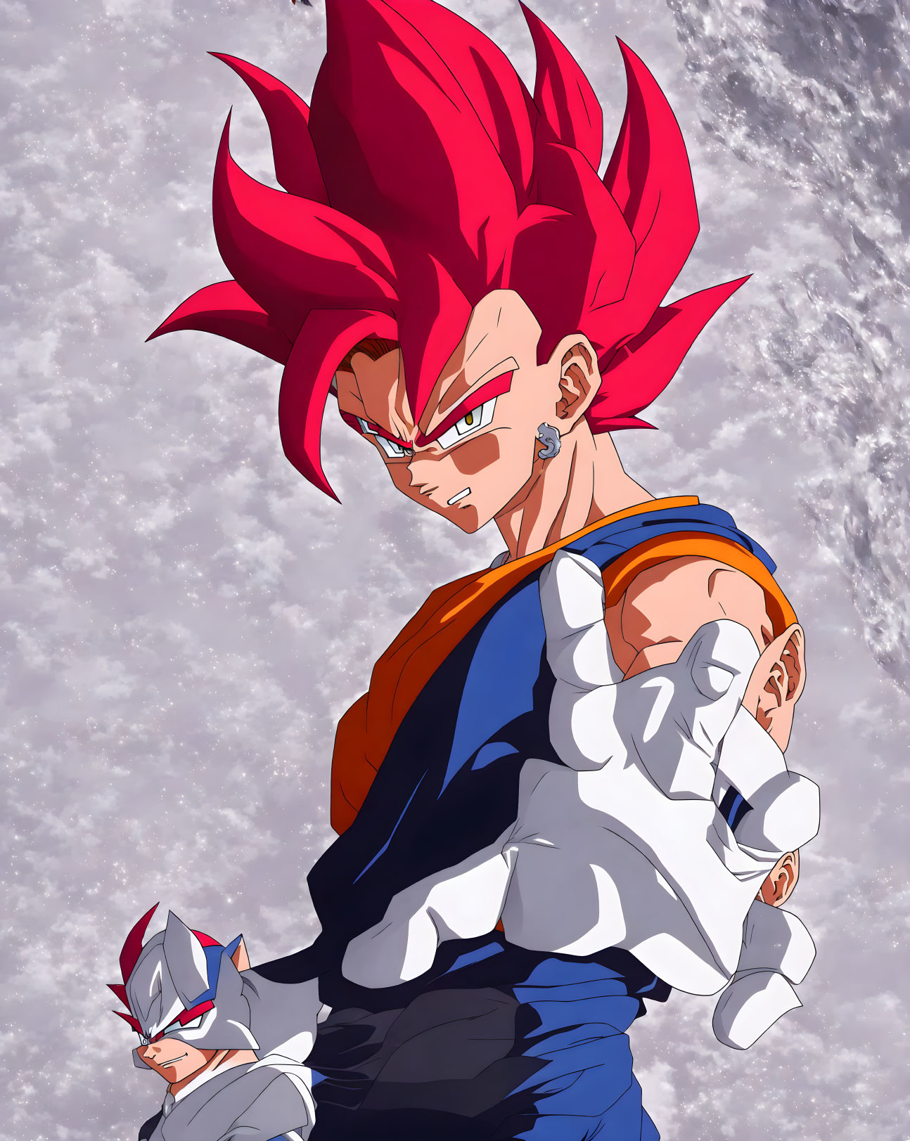 Spiky Red-Haired Animated Character in Battle Stance with Blue and Orange Outfit