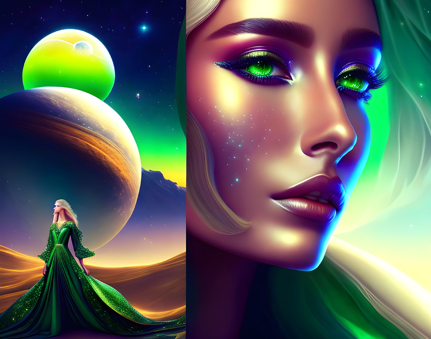 Split composition: Woman in green dress on fantastical planet landscape & stylized portrait under starry sky