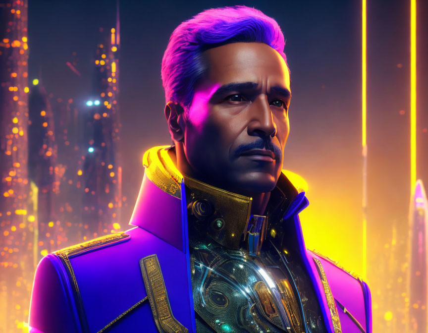 Stylized portrait of man with mustache in futuristic neon cityscape.