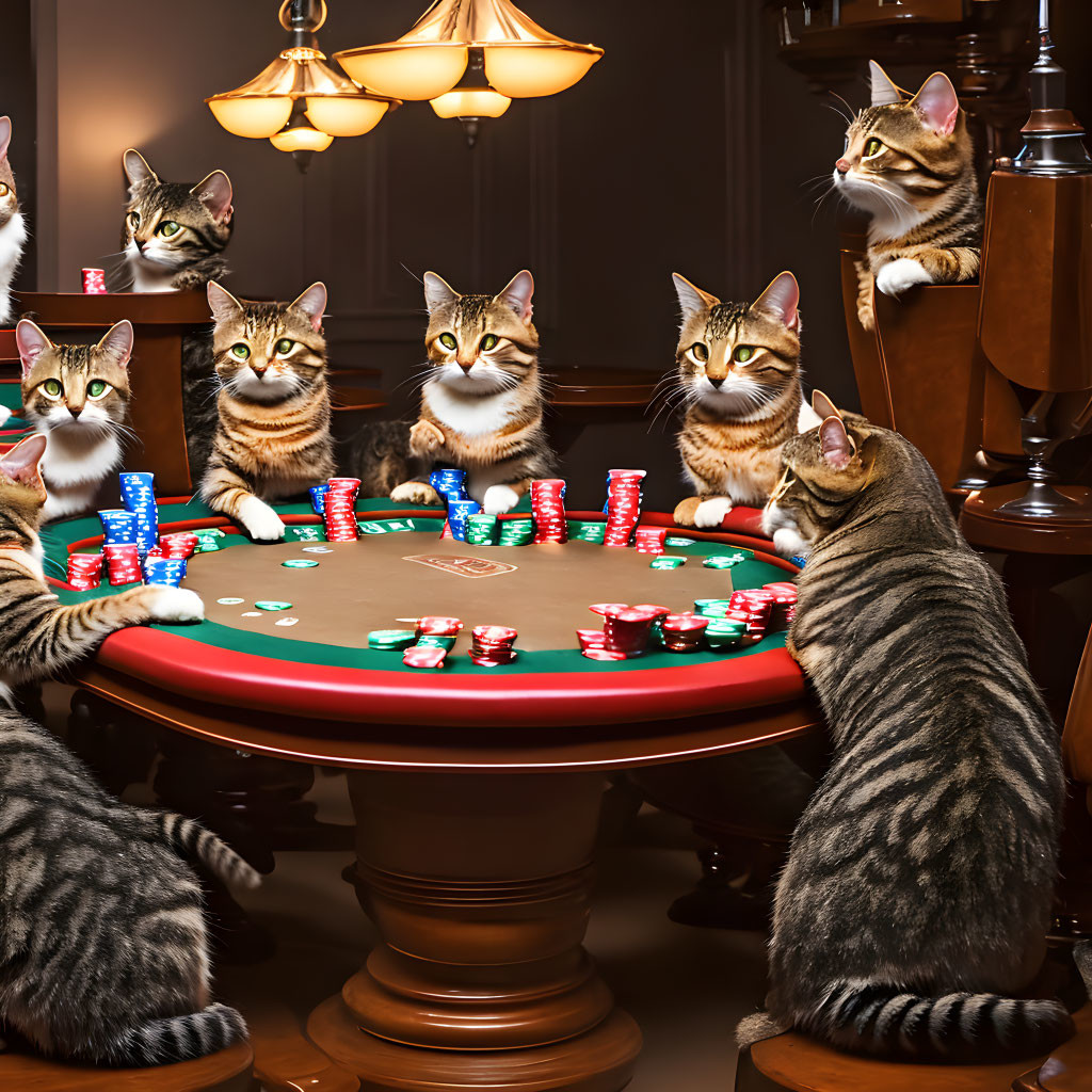 Seven Cats Playing Poker in Dimly Lit Room