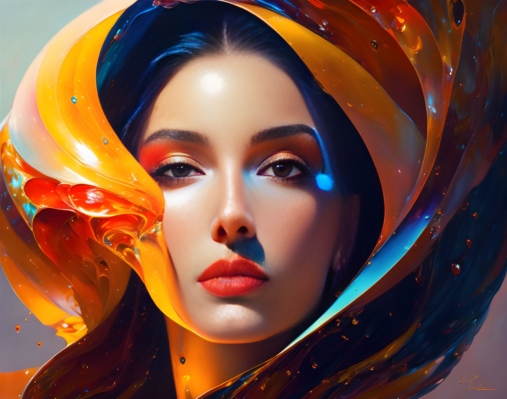 Vibrant digital artwork of a woman with colorful swirling aura