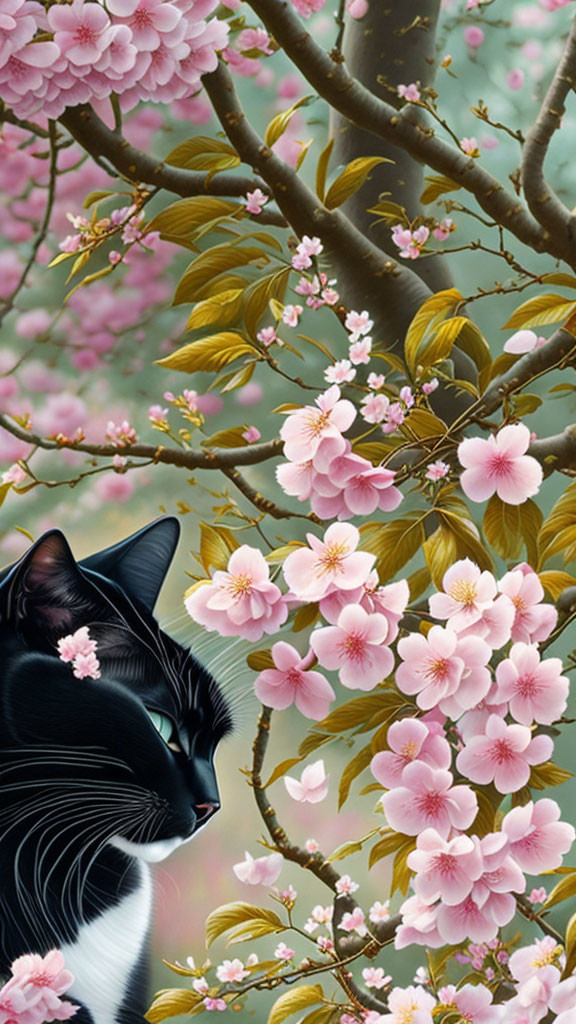 Black and white cat with pink cherry blossoms and green leaves on tree