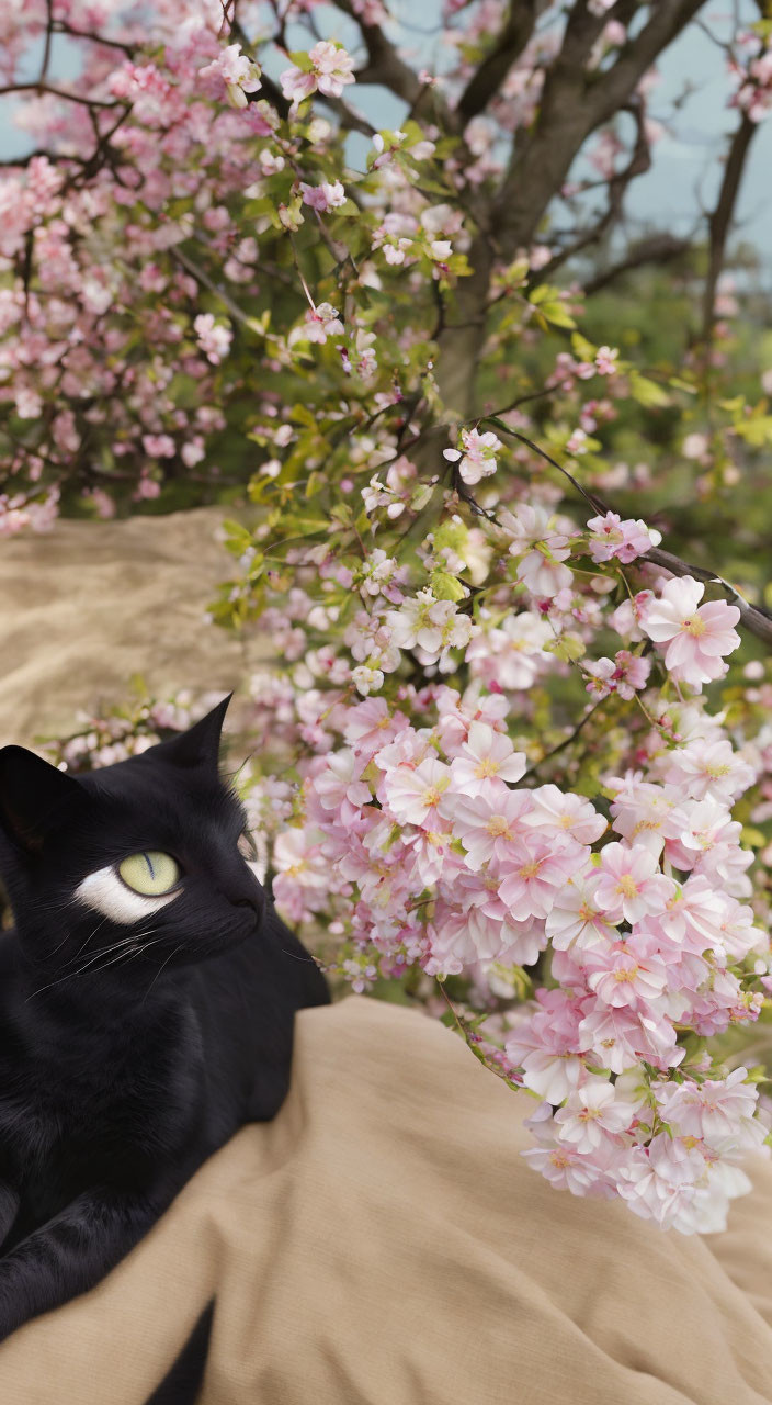 Black Cat under Pink Cherry Blossoms with Sky Background