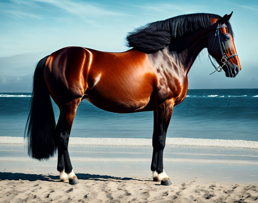 Chestnut horse with black mane on sandy beach under clear blue sky