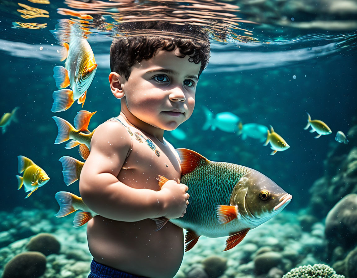 Child surrounded by tropical fish in underwater scene