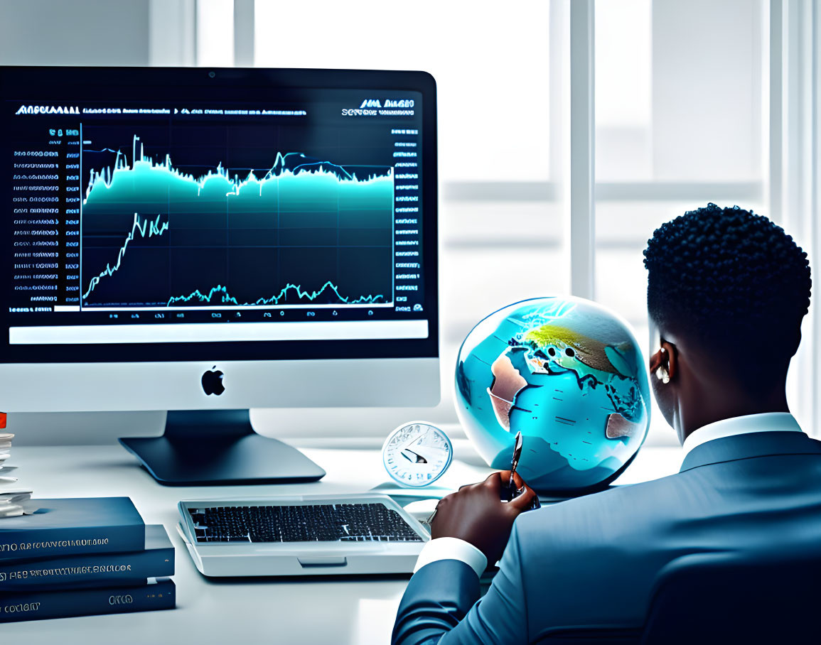 Business Professional Analyzing Global Markets with Stock Charts and Globe in Modern Office