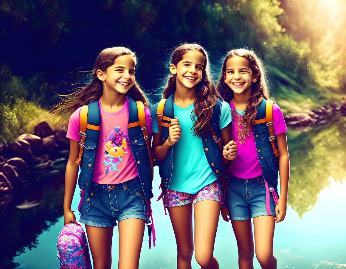 Three girls with backpacks walking by serene river in lush greenery