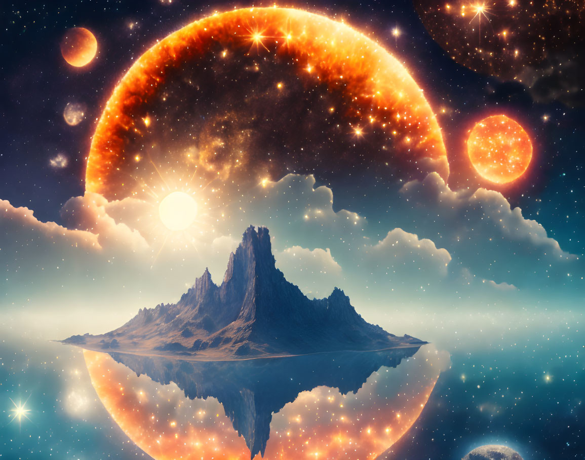 Surreal landscape featuring mirrored mountain, cosmic sky, stars, planets, and nebula