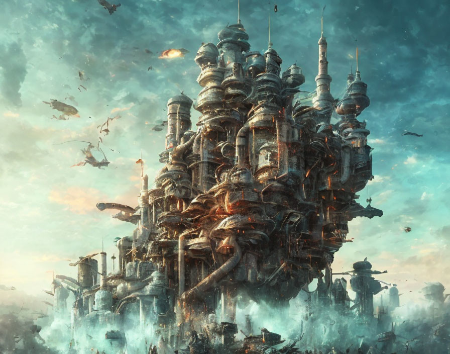 Intricate floating city with flying creatures in dream-like setting