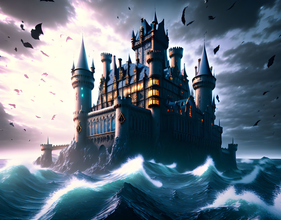 Gothic castle by stormy seas with birds in flight