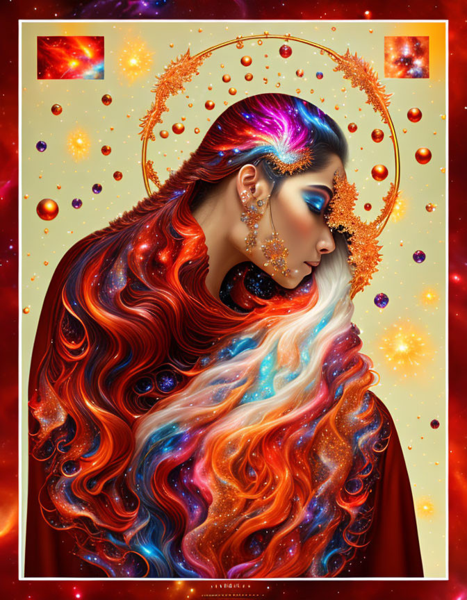 Cosmic-themed digital artwork of a woman with vibrant hair and makeup