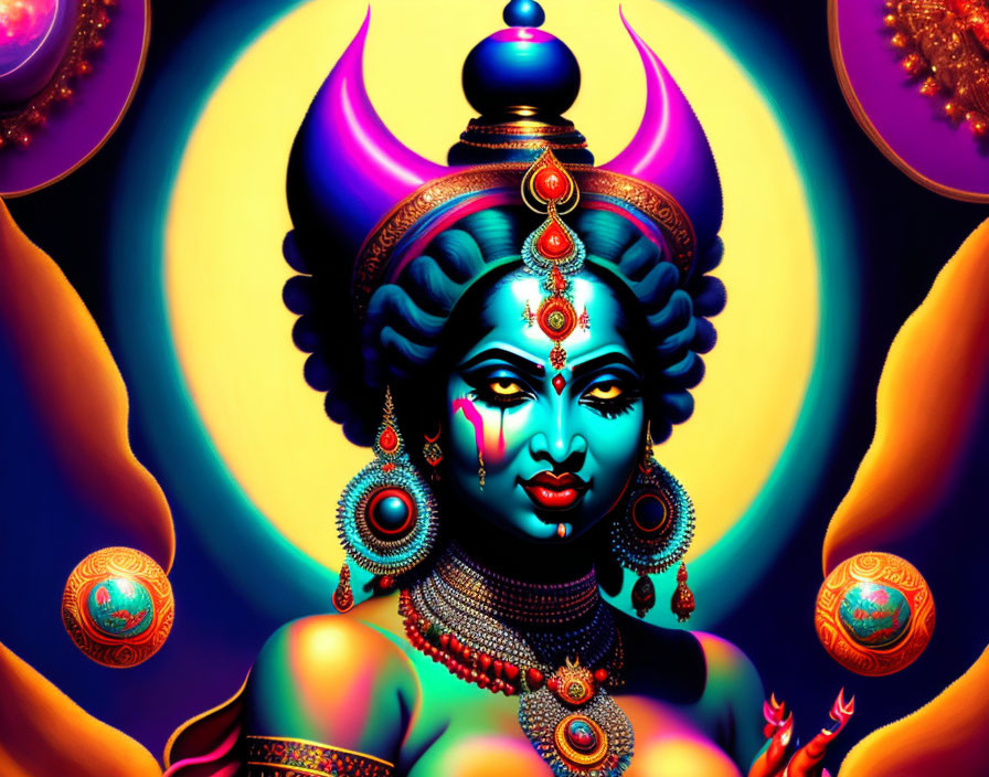 Blue-skinned deity with four arms in vibrant artwork on psychedelic background