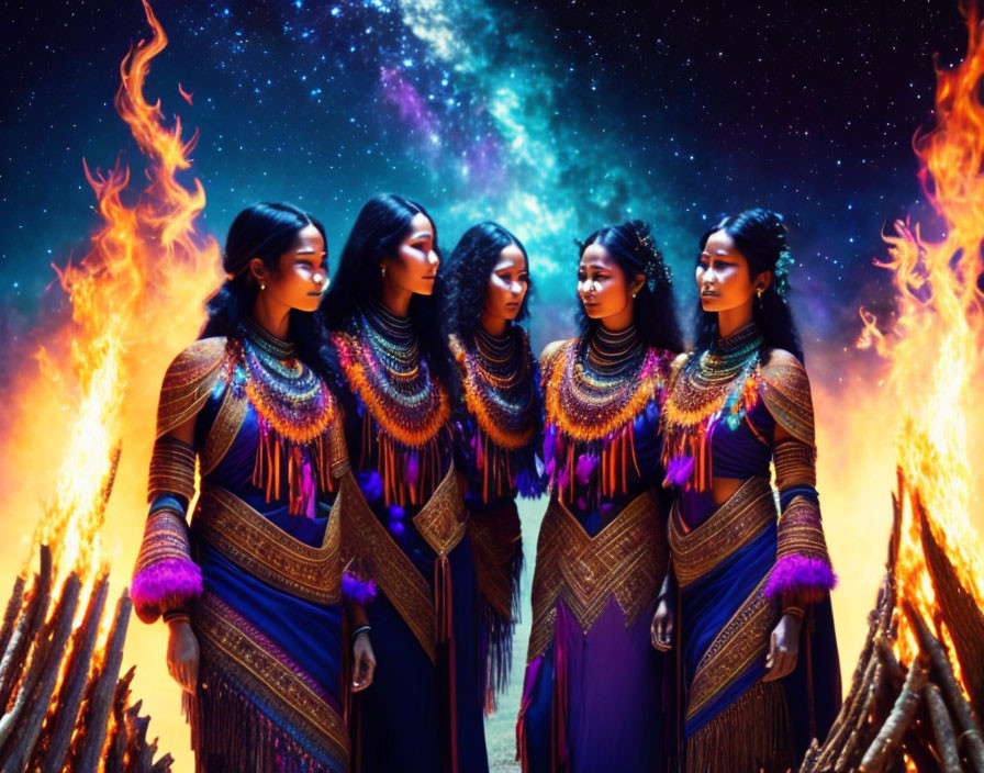 Five women in traditional attire with beaded jewelry against cosmic backdrop and flanking fires.