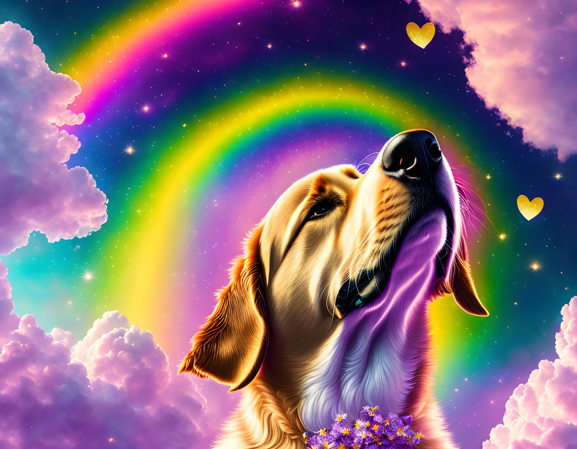 Golden retriever surrounded by vibrant clouds and rainbow with floating hearts