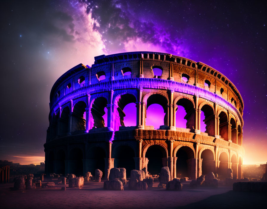 Ancient Colosseum in Rome at Twilight with Stars and Ruins