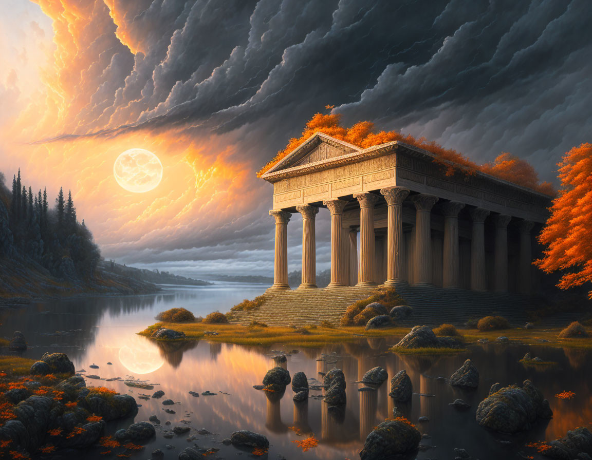 Ancient temple by tranquil lake under dramatic sky with full moon and autumn trees