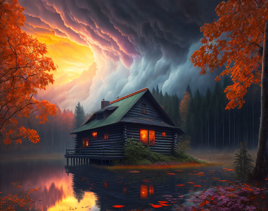 Cozy wooden cabin by lake at sunset with storm clouds