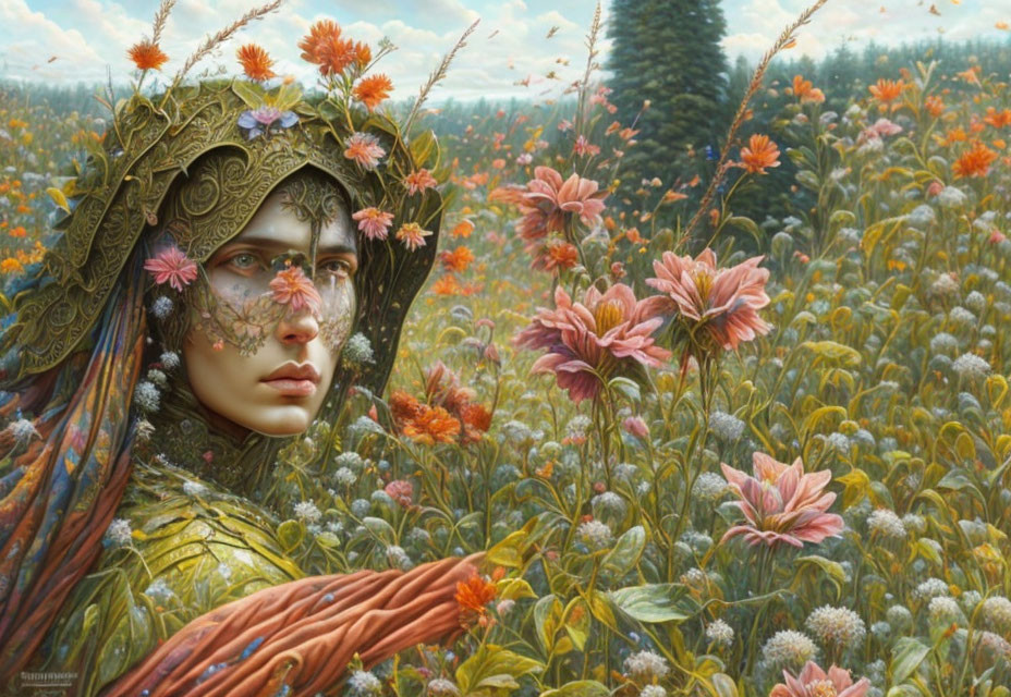 Person in golden headdress surrounded by vibrant flowers in a field.