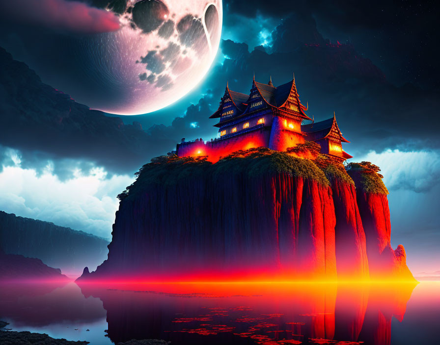 Ancient Asian-style palace on cliff under vibrant night sky