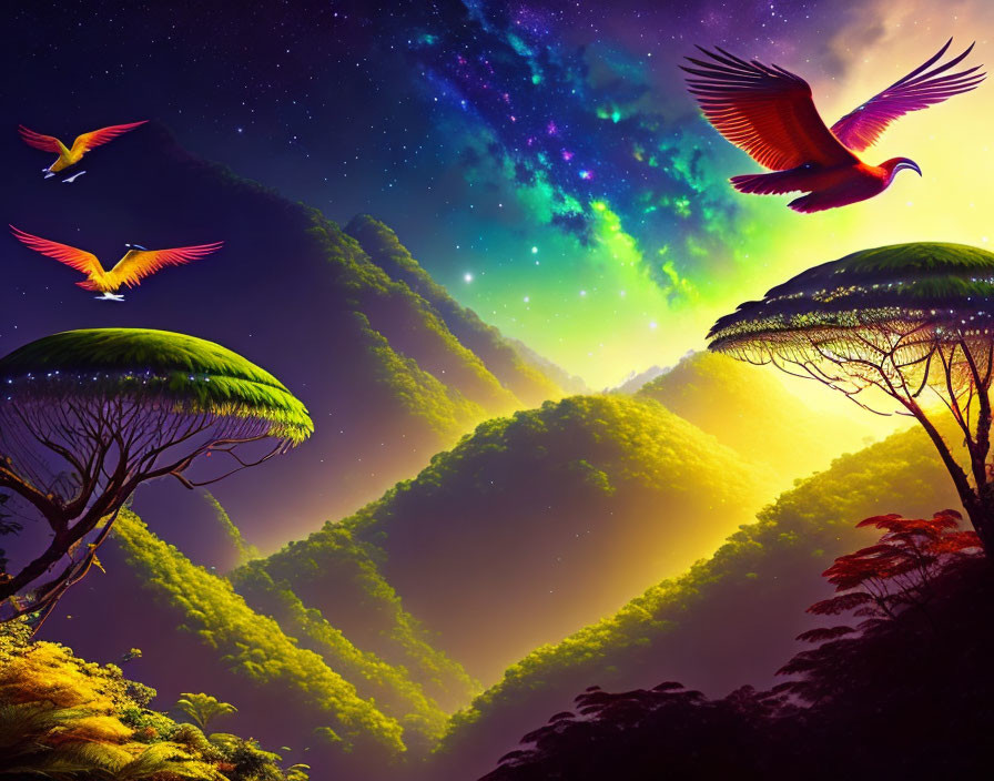 Colorful fantasy landscape with glowing trees, birds in flight, and starry sky merging with sunset.