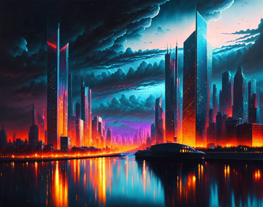 Neon-lit cityscape at twilight with reflections and dramatic sky