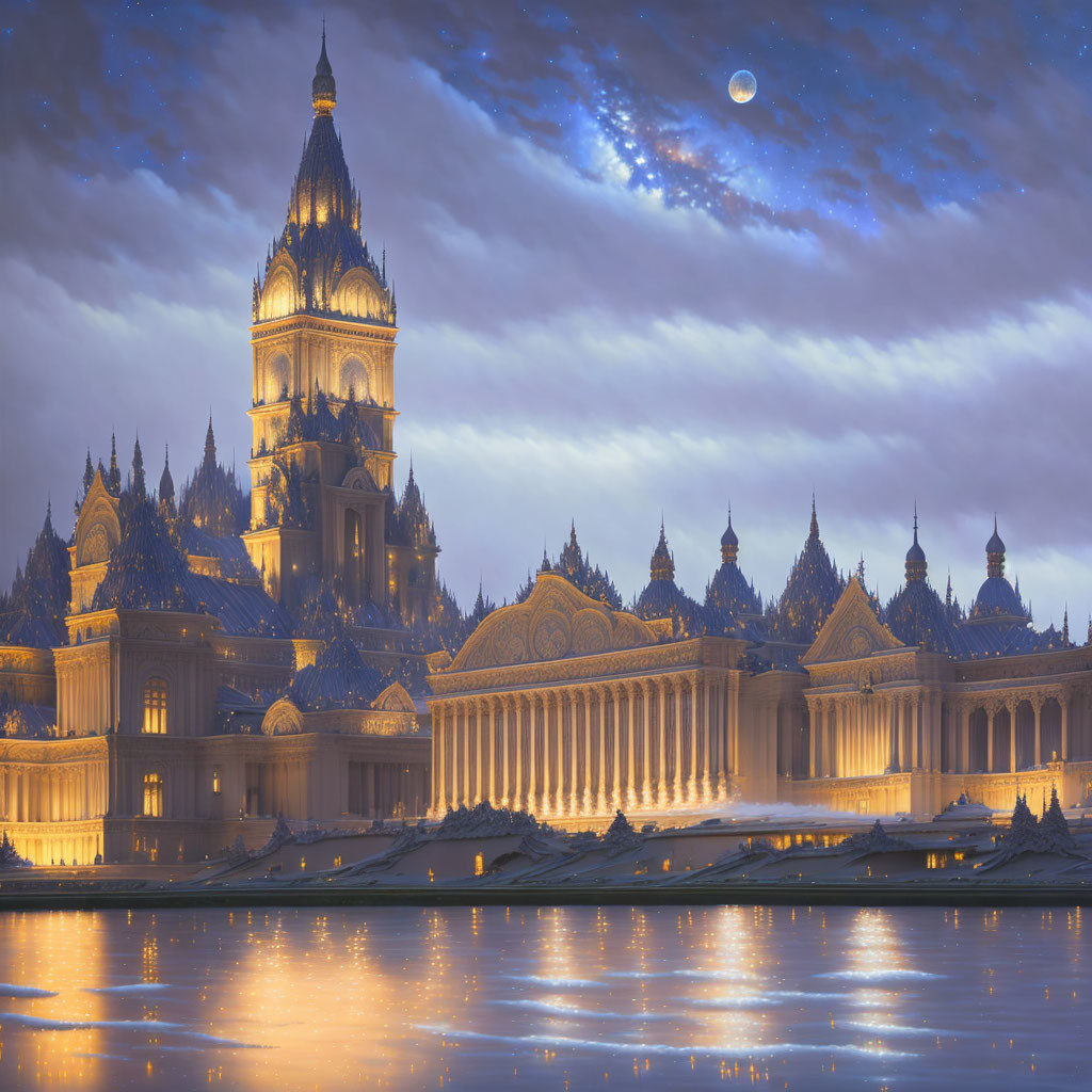 Golden palace with spires near water under crescent moon