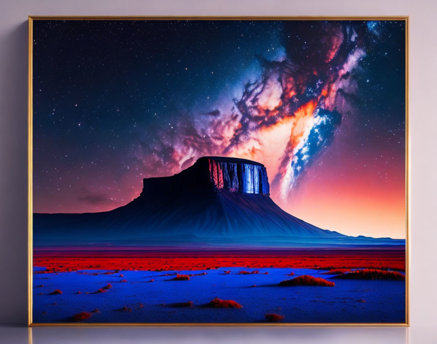 Surreal landscape with flat-topped mountain under starry sky