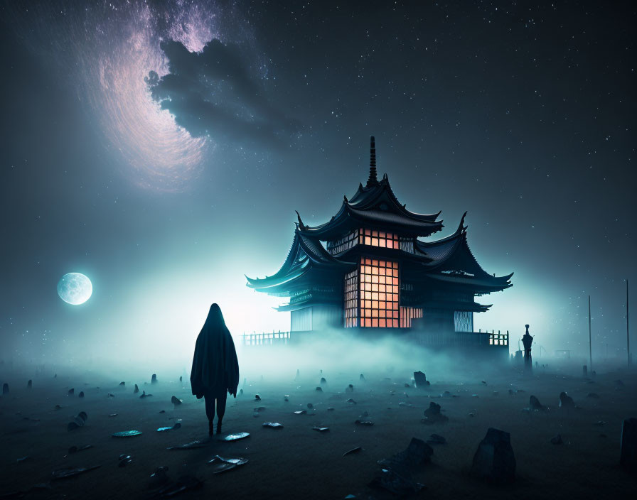 Cloaked figure near traditional pagoda at night under starry sky