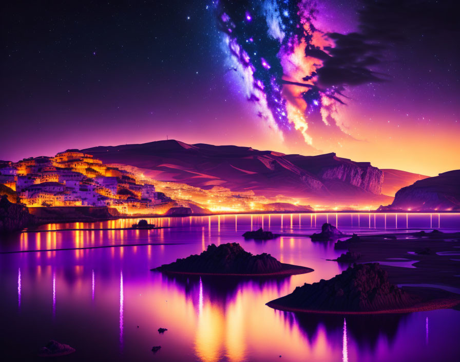 Stunning galaxy night sky over purple-lit landscape and water with bridge.