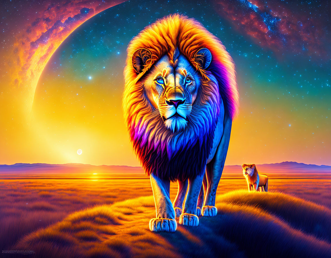 Majestic lion in cosmic scene with planet rise and starry sky