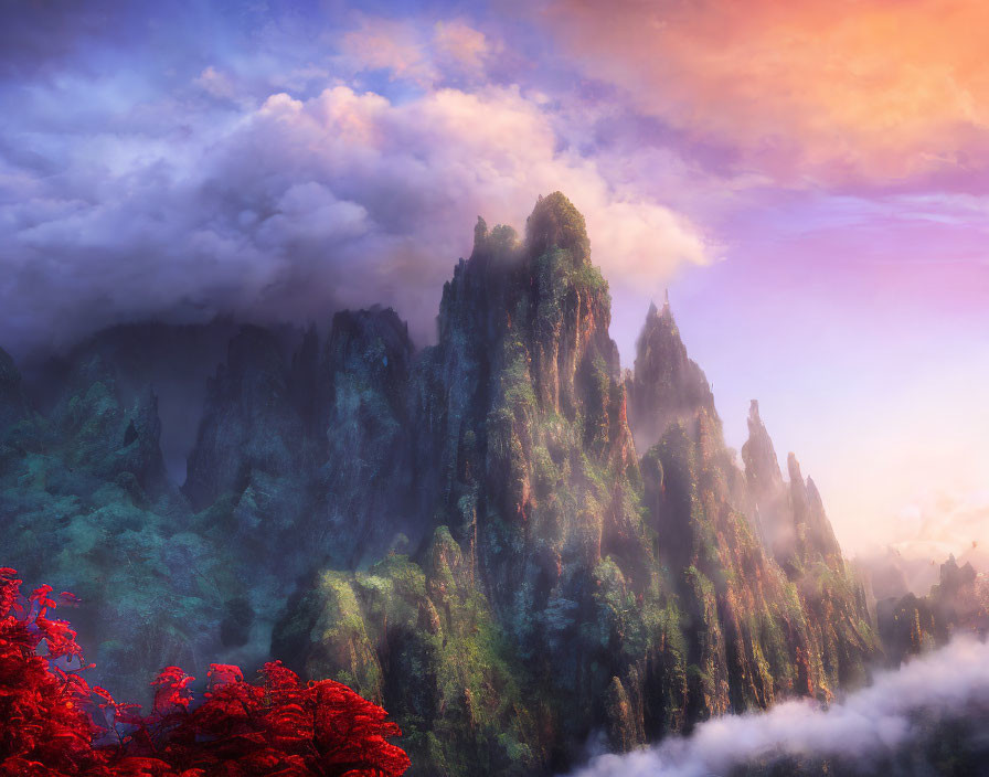 Majestic mountain peaks at sunset with mist and red foliage