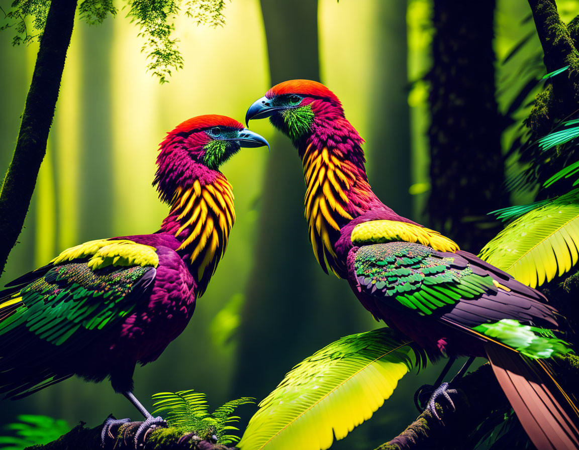 Colorful Birds in Lush Foliage with Vibrant Feather Patterns