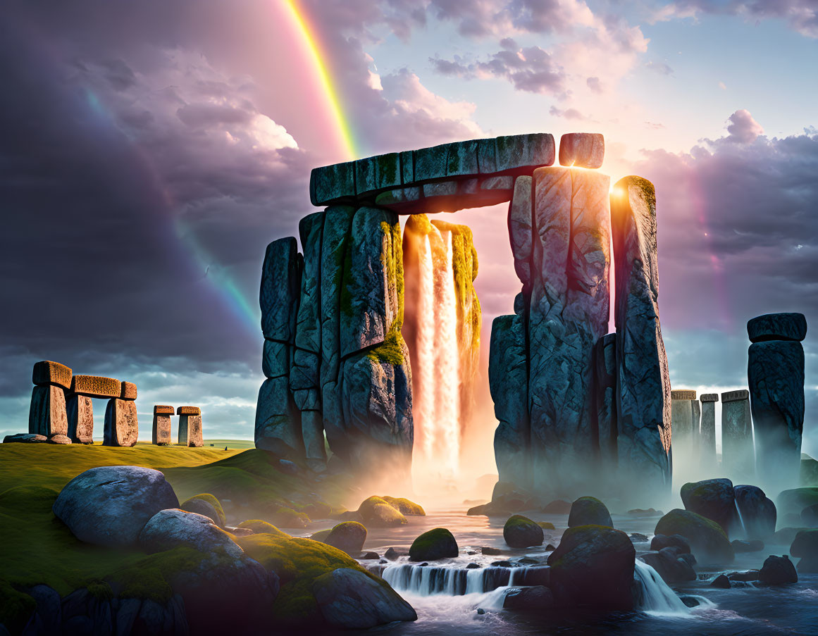 Stonehenge with waterfalls and double rainbow in vivid sky