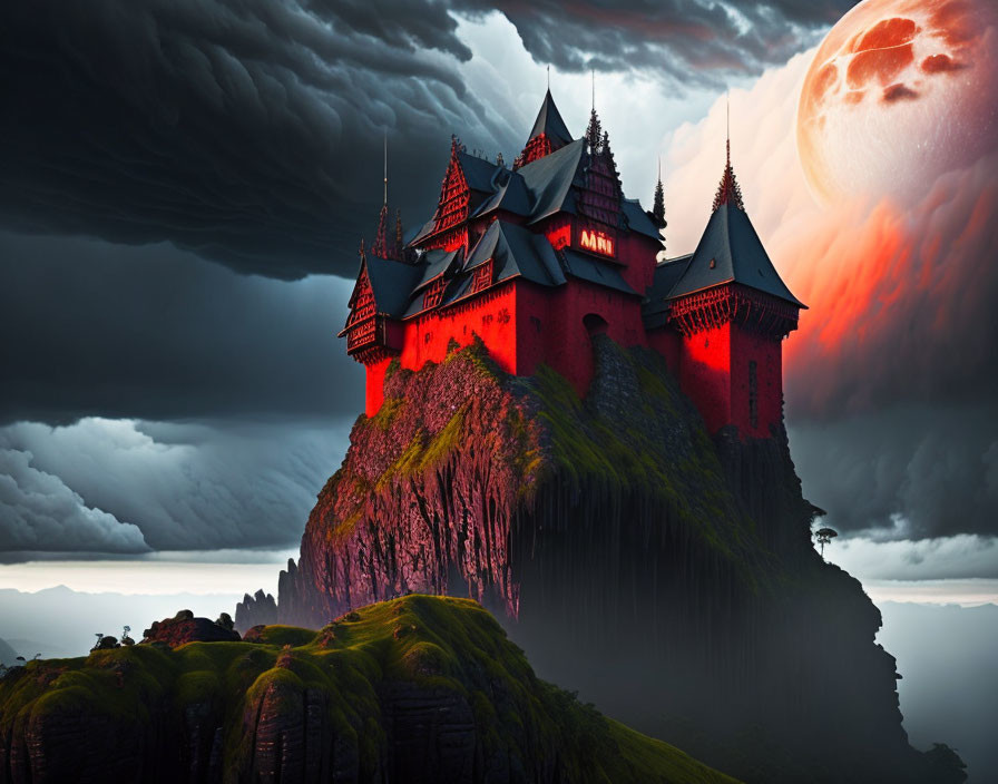 Majestic red castle on steep cliff under stormy sky and large reddish moon