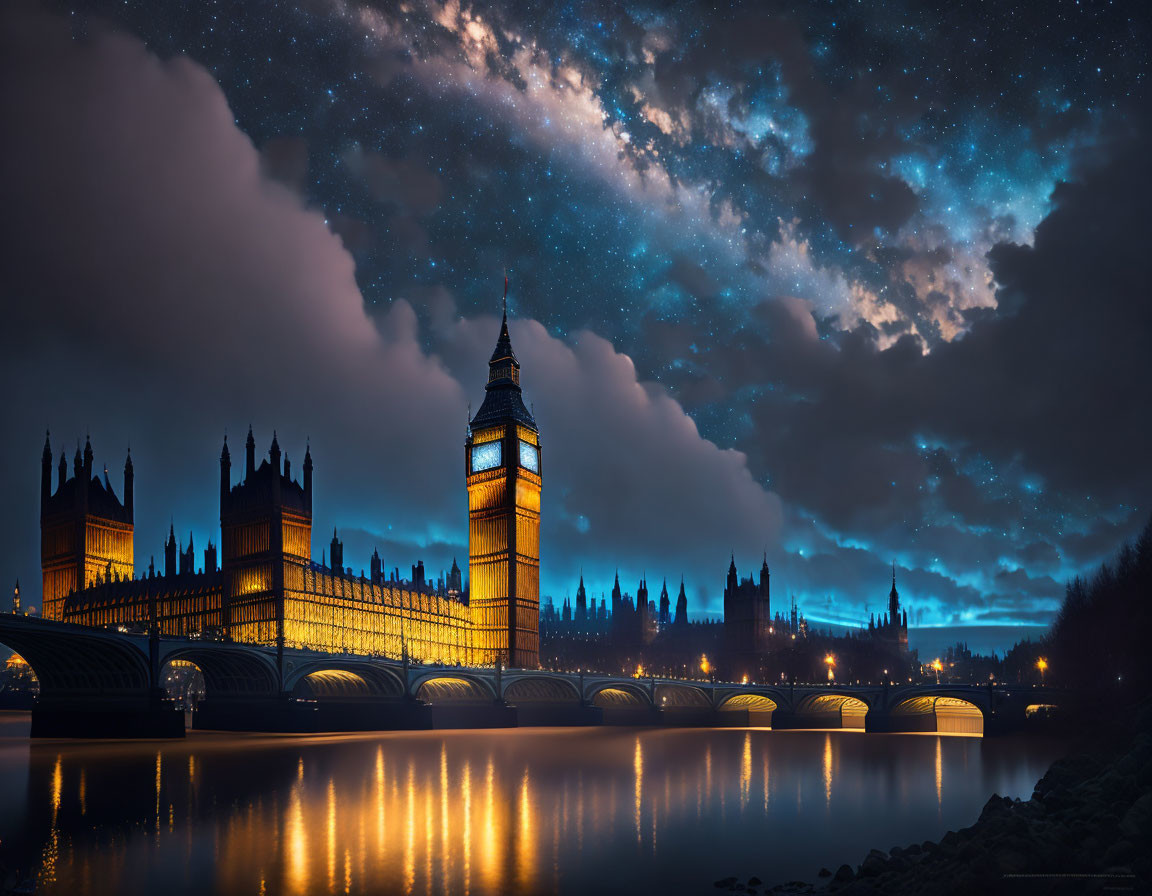 Iconic London landmarks illuminated at night beside Thames River.