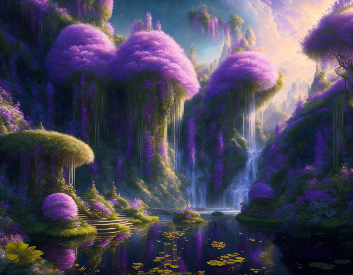 Tranquil fantasy landscape with purple foliage and cascading waterfalls