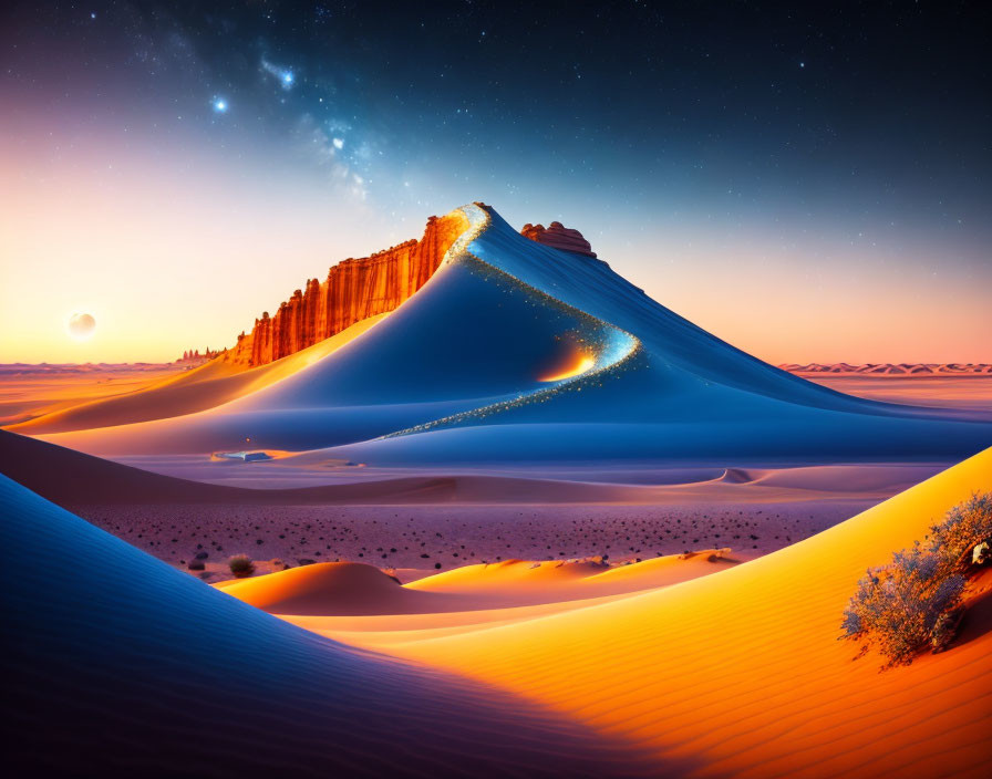 Surreal desert landscape at dusk with glowing sand dune, rocky plateau, starry sky