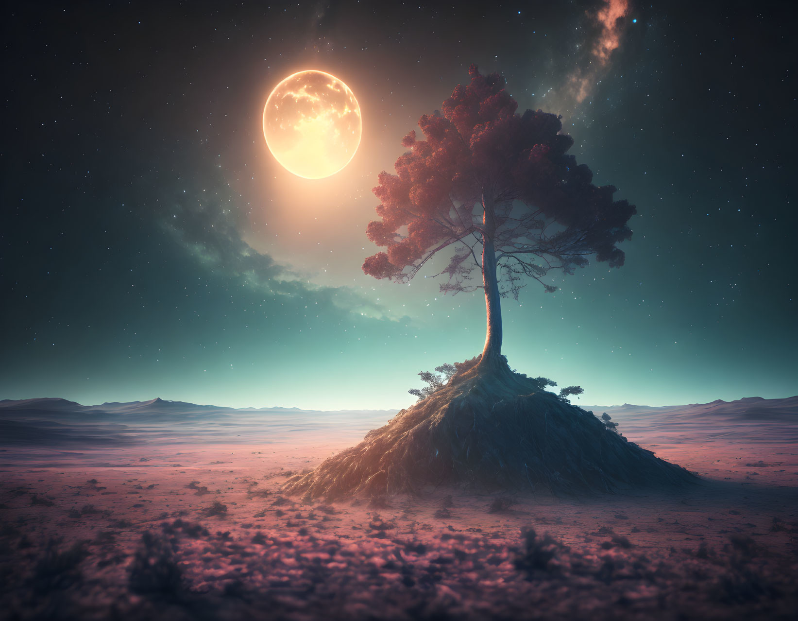 Lone tree on mound under starry sky with glowing moon